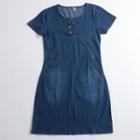 Short-sleeve Denim Midi Shift Dress