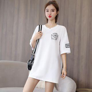 Elbow-sleeve Printed Tape T-shirt