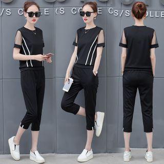 Set: Short-sleeve Mesh Panel Top + Sweatpants