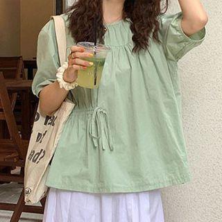 Elbow-sleeve Crinkled Drawstring Top