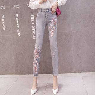 High-waist Distressed Floral Embroidered Slim Fit Jeans
