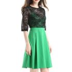 Mock Two-piece Lace Panel Elbow-sleeve A-line Dress