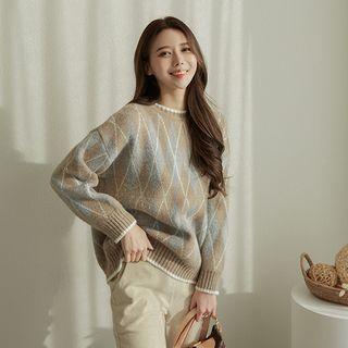 Crew-neck Drop-shoulder Argyle Sweater