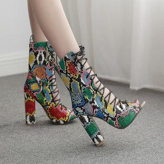 Chunky Heel Lace-up Snake Print Sandals