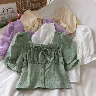 Plain Square Neck Frilled Puff-sleeve Blouse