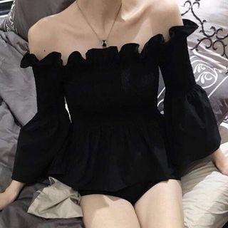 Off-shoulder Flared-sleeve Blouse Black - One Size