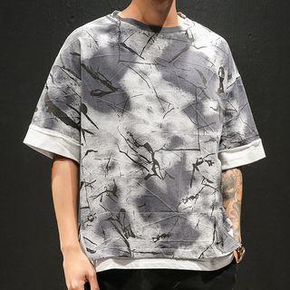 Mock Two-piece Elbow-sleeve Crack Print T-shirt