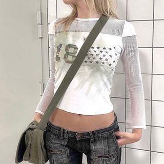 Long Sleeve Mesh Paneled Star Printed Crop Top