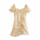 Short-sleeve Leaf Print Drawstring Mini A-line Dress