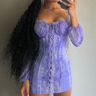 Long-sleeve Off-shoulder Tie-dyed Mini Sheath Dress