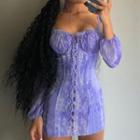 Long-sleeve Off-shoulder Tie-dyed Mini Sheath Dress
