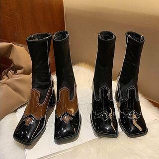 Patent Color Panel Chunky Heel Mid-calf Boots