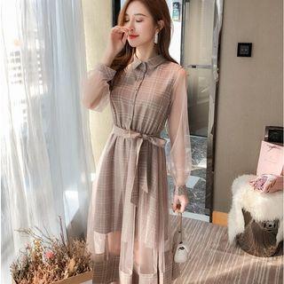 Long-sleeve Mesh Panel Plaid Midi A-line Dress
