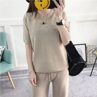 Set: Short-sleeve Knit Top + Wide-leg Pants