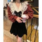 V-neck Blouse / Velvet A-line Skirt