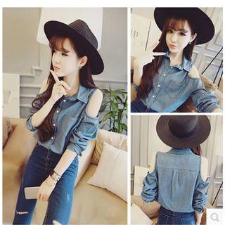 Long-sleeve Cold-shoulder Denim Shirt