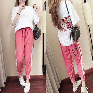 Set: Flower Print Elbow-sleeve T-shirt + Drawstring Striped Cropped Sweatpants