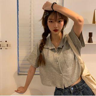 Buttoned Notch Lapel Elbow-sleeve T-shirt
