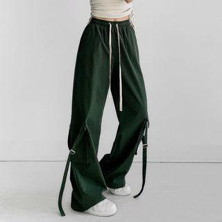 Drawstring Wide Leg Pocket Plain Cargo Pants