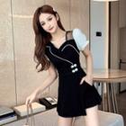 Set: Puff-sleeve Frog-buttoned Mini A-line Dress + Shorts