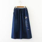 Embroidered Denim A-line Skirt Dark Blue - One Size