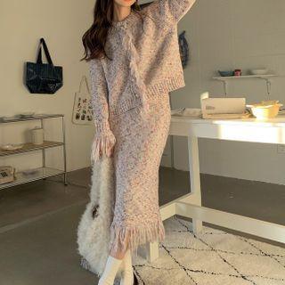Tasseled Cardigan / Midi Knit Skirt