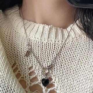 Heart Pendant Alloy Necklace 2091a# - Black Heart - Silver - One Size