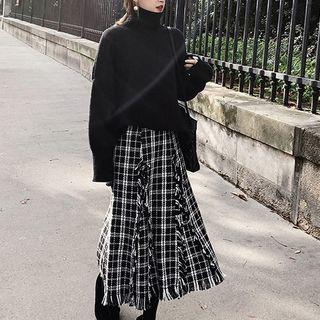 Set: Turtle-neck Sweater + Plaid Midi A-line Skirt