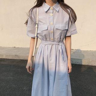 Striped Short-sleeve A-line Midi Shirtdress