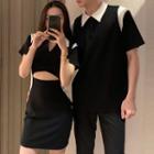 Couple Matching Short-sleeve Collar Two-tone Mini Sheath Dress / Polo Shirt / Pants