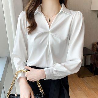 Long-sleeve Placket Draped Blouse
