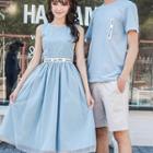 Women Sleeveless A-line Dress / Men Set: Short-sleeve T-shirt + Shorts