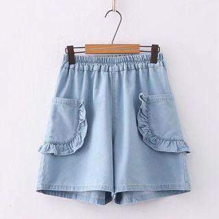 Ruffle Trim Denim Wide Leg Shorts