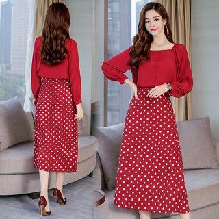 Set: Plain Blouse + Polka Dot Midi A-line Skirt