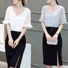 Set: Frill Trim Chiffon Top + Slit Pencil Skirt