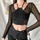 Long-sleeve Mock Two-piece Halter Crop Top