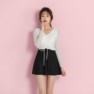 Long-sleeve Two Tone Swim Dress / Pouch / Set