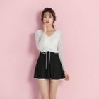 Long-sleeve Two Tone Swim Dress / Pouch / Set