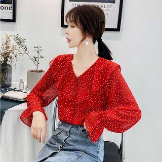 Long-sleeve Polka Dot Ruffled Chiffon Blouse