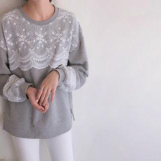 Lace-panel Slit-side Sweatshirt