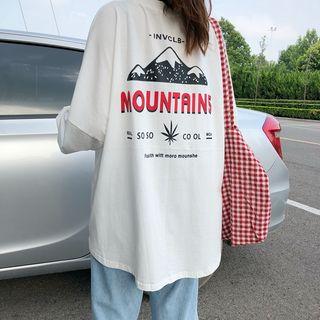 Long-sleeve Mountain Print Lettering T-shirt