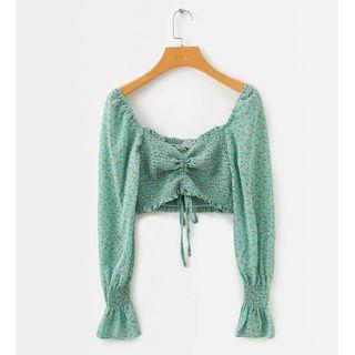 Long-sleeve Floral Drawstring Cropped Blouse