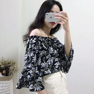 Off-shoulder Elbow-sleeve Leaf Print Blouse