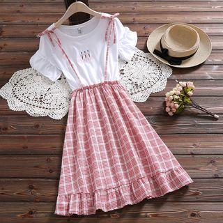 Mock Two Piece Short-sleeve Plaid Panel A-line Dress
