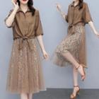 Set: Elbow-sleeve Tie-front Shirt + Spaghetti Strap Floral Mesh Overlay Midi A-line Dress