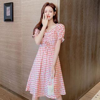 Drawstring Plaid Short Sleeve Dress