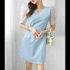 Mesh-sleeve Tie-waist Dress