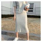 Set: Short-sleeve Knit Top + Slit-back Midi Skirt Gray - One Size