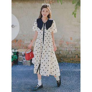 Short-sleeve Collar Dotted Midi Smock Dress