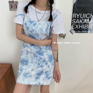 Dye Print Spaghetti Strap Mini Sheath Dress Blue & White - One Size